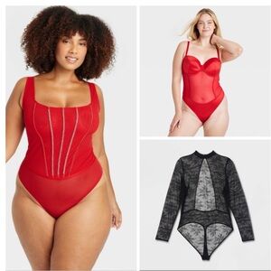 NWT Bundle of 3 Auden Lingerie Sets XL; 1 Long Sleeve Black Lace 2 Red Bodysuits